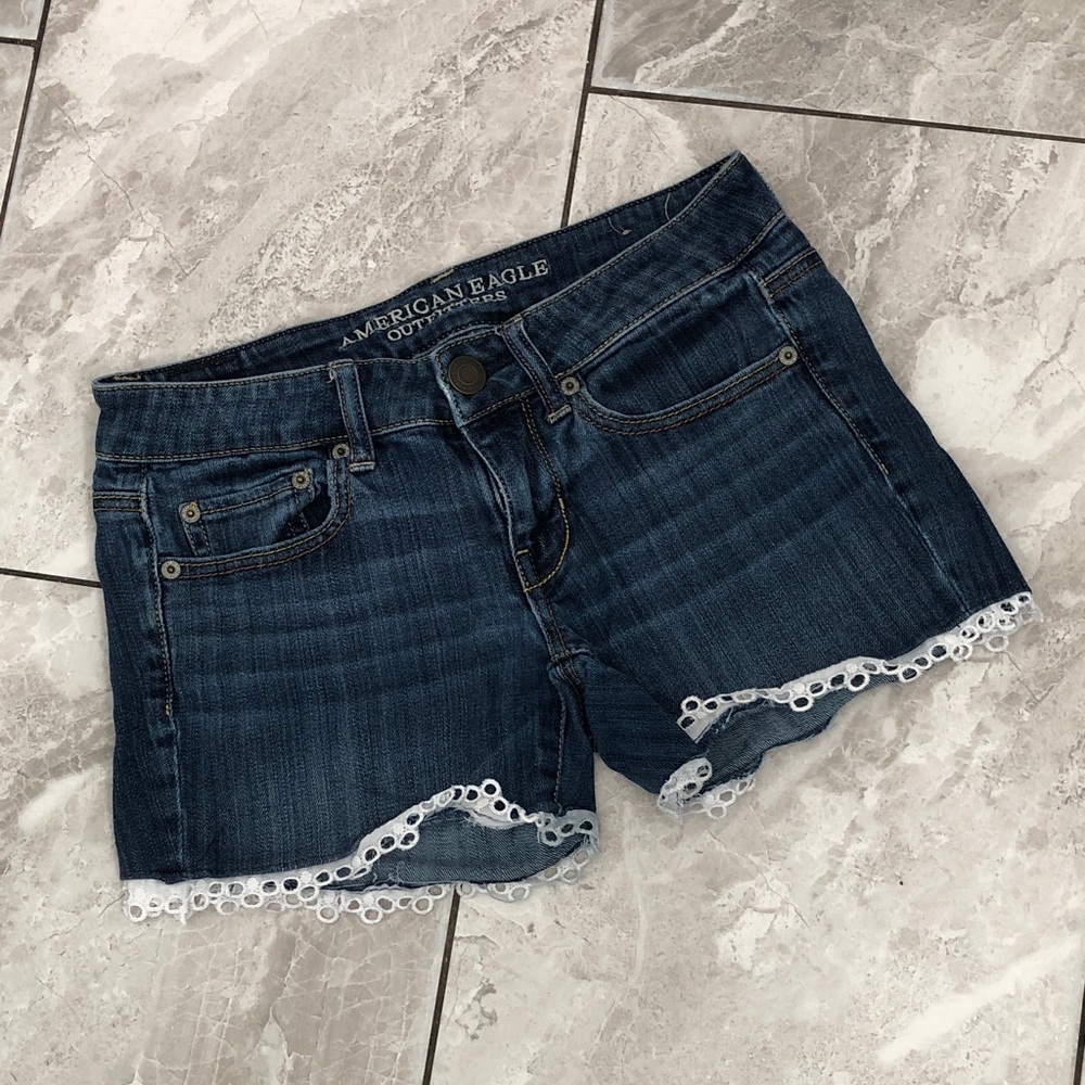 American Eagle Outfitters denim distressed shorts with eyelets hem inserts | 4